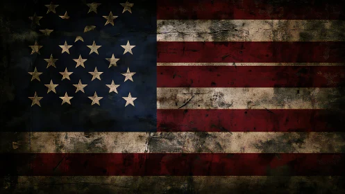 Weathered American flag with distressed grunge texture overlay.