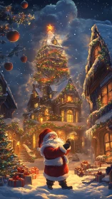 Snow-covered town square with Santa and lit Christmas tree.