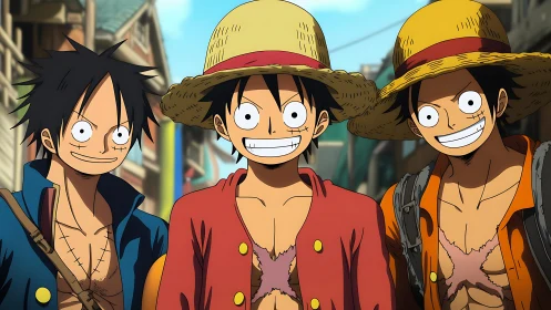 Straw hat triplicate grins marching through sunny harbor streets.