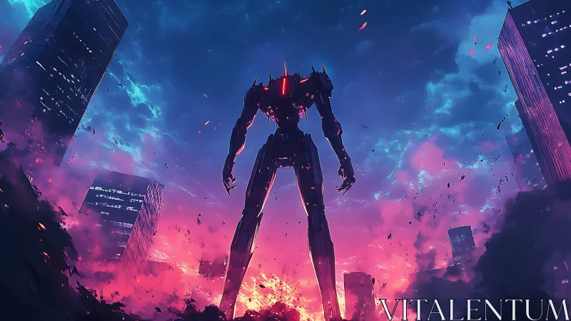 Colossal combat mech dominates burning neon cityscape