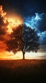 Solitary tree divides contrasting day and night sky