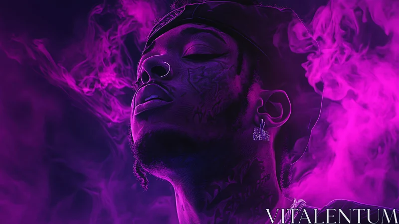 Neon violet portrait in swirling smoke and soft glow.