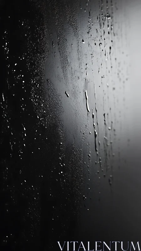 Water droplets streak down dark reflective surface in grayscale