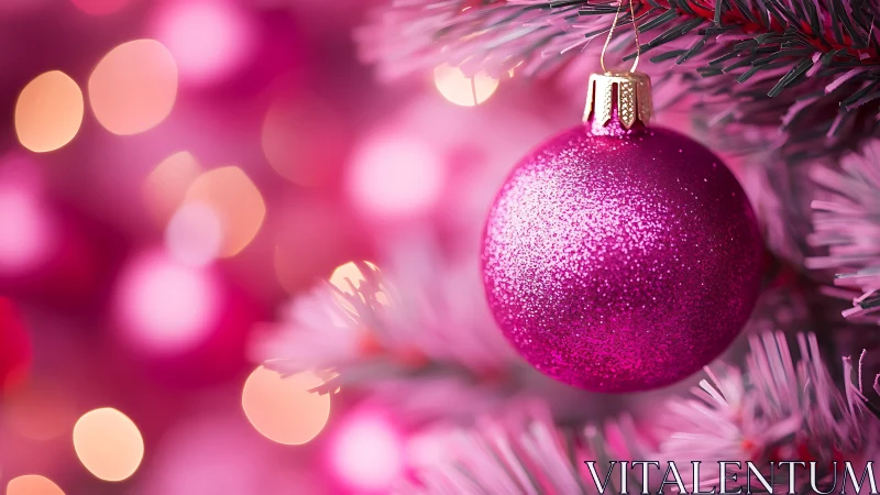 Glittering pink ornament glows softly on a dreamy tree branch