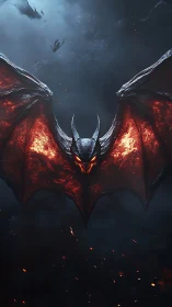 Demonic bat creature spreads molten wings against storm clouds
