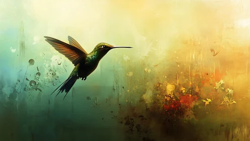 Iridescent hummingbird in luminous abstract bokeh field.