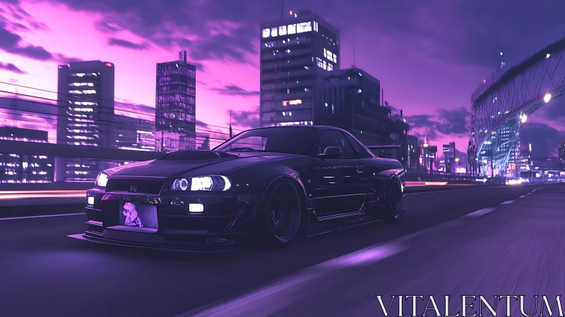 Midnight tuner car on neon city expressway at speed.