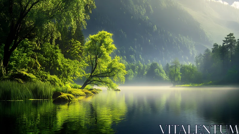 Backlit forest lake landscape renders hyperreal luminous foliage