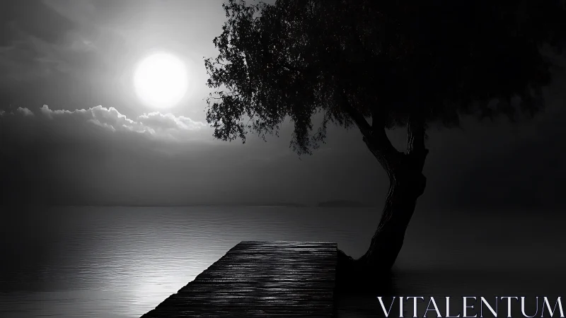 Moonlit lakeside pier and solitary tree evoke quiet reflection.