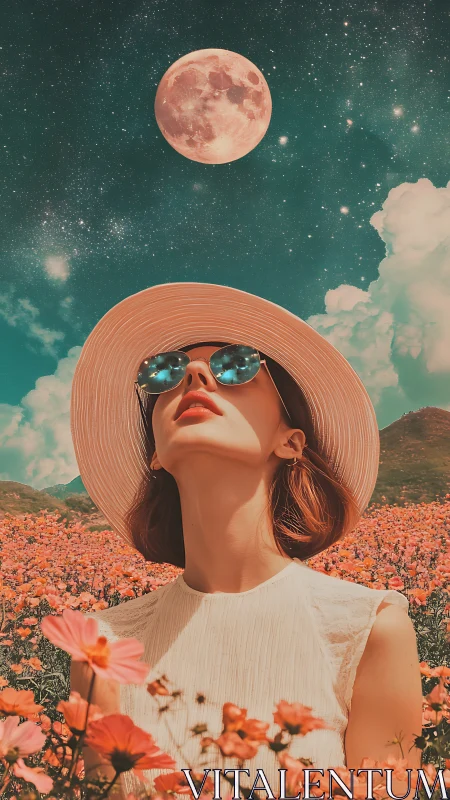 Woman in floral field under large moonlit night sky.
