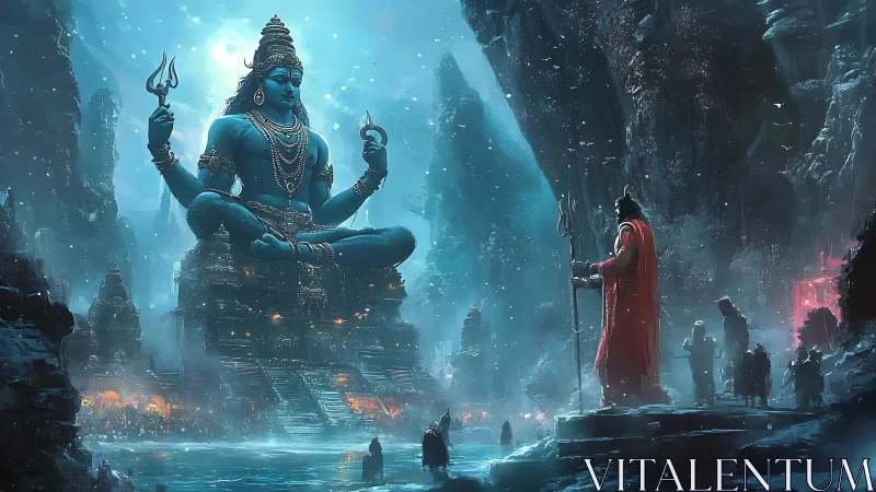 Moonlit mountain temple with serene blue cosmic guardian.