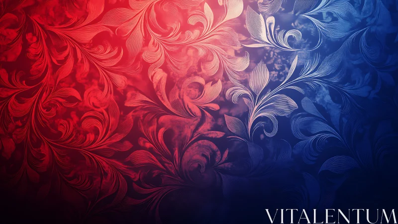 Floral whorls drift between ember reds and midnight blues