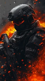 Armored tactical soldier holds rifle amid controlled flames