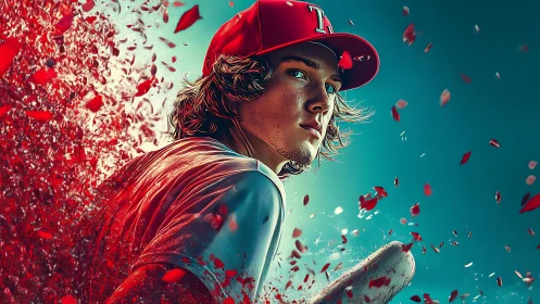 Young baseball player stands poised as red energy explodes