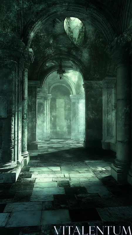 Moonlit marble ruins breathing with emerald cathedral gloom.