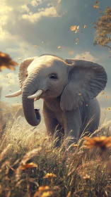 Gentle elephant wanders through sunlit meadow of wildflowers
