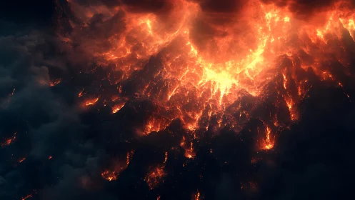 Pyroclastic volcanic eruption with intense flame dynamics and luminous smoke cloud formation.