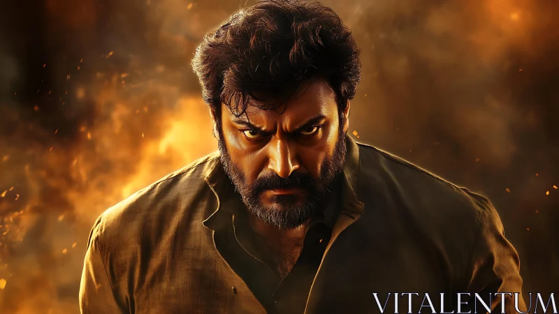 Storm-eyed hero framed by firelit, simmering shadows.