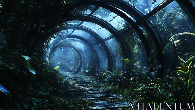 Overgrown glass tunnel encloses lush bioluminescent jungle