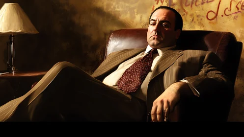 Serious suited man reclining in leather chair at dusk.