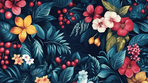 Rich Floral Garden Against Deep Navy Background with Layered Foliage