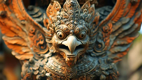 Mythic bird guardian sculpture with intricate carved wings.