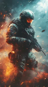 Armored futuristic soldier stands in flames and smoke