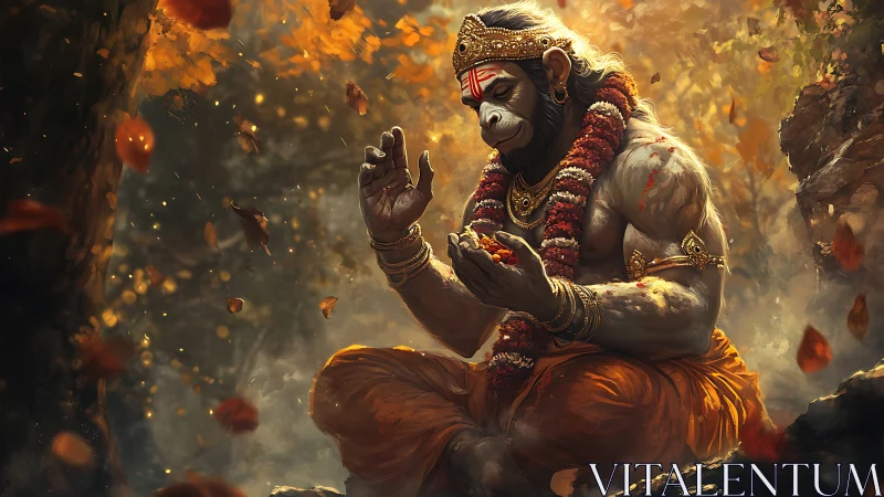 Calm monkey deity in forest with garlands and orange robe.