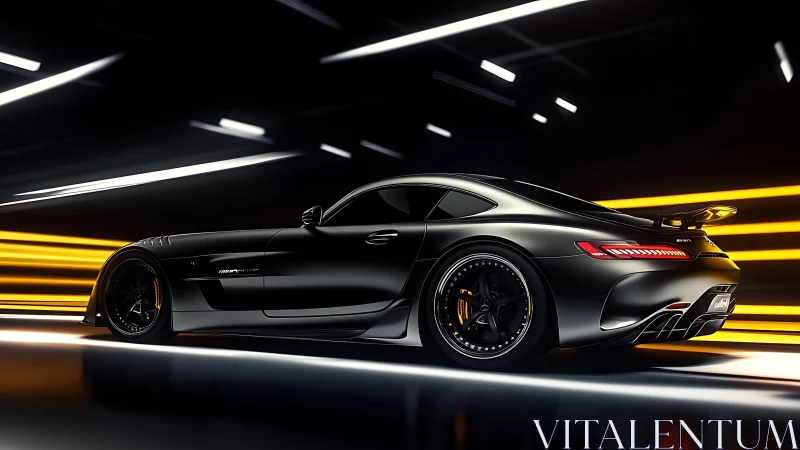 Black performance coupe in motion within light tunnel.