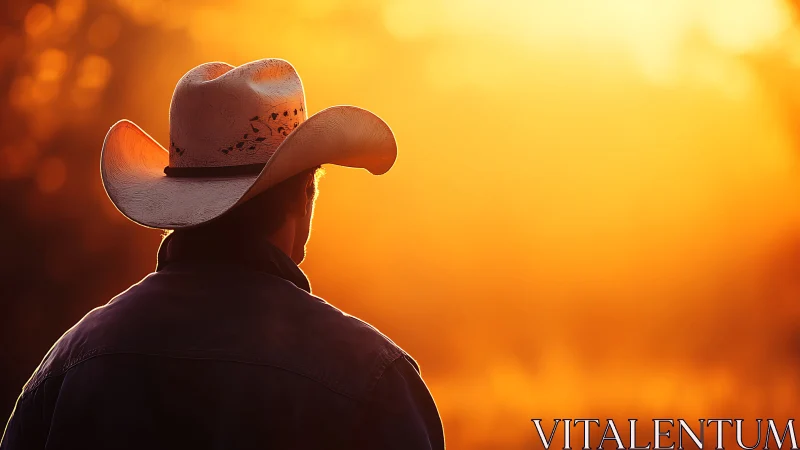 Cowboy silhouette resting beneath a golden farm sunset.