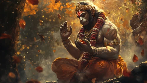 Calm monkey deity in forest with garlands and orange robe.
