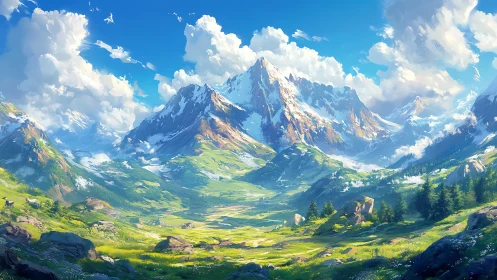 Sunlit alpine valley stretches below bright snow capped peaks