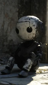 Lonely little robot sits quietly in a patch of sunlight