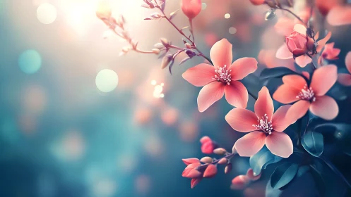 Coral blossoms drift against soft bokeh light.