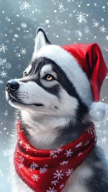 Siberian husky in red Santa hat and scarf with snowflakes.