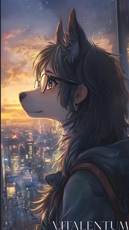 Anthro wolf scholar overlooking neon dusk city skyline.