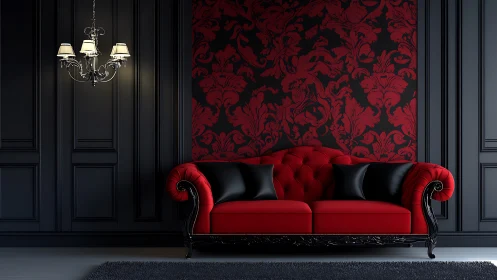 Crimson velvet sofa smolders in a noir baroque salon.