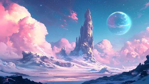 Frozen alien spire rises under glowing turquoise planet