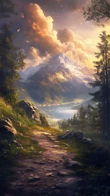 Sunlit mountain path towards a whispering lakeside village.