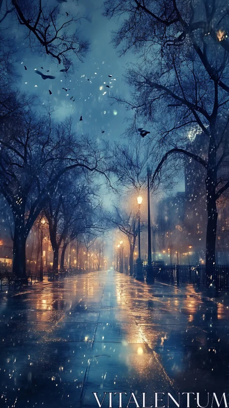 Rain-soaked city promenade glowing under quiet blue night.