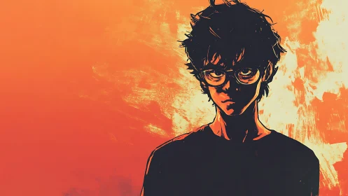 Brooding boy in glasses stands against blazing orange sky.