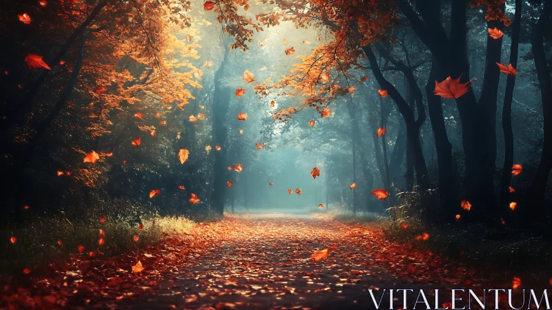 Autumn Forest Path with Falling Leaves.