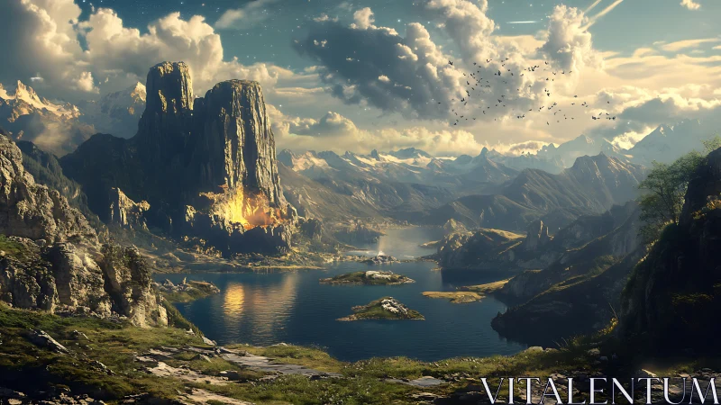 Dramatic fantasy mountains, glowing cliffs and wide lake.