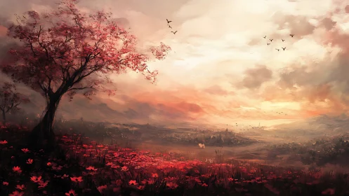 Landscape painting shows red-blossomed tree over distant valley