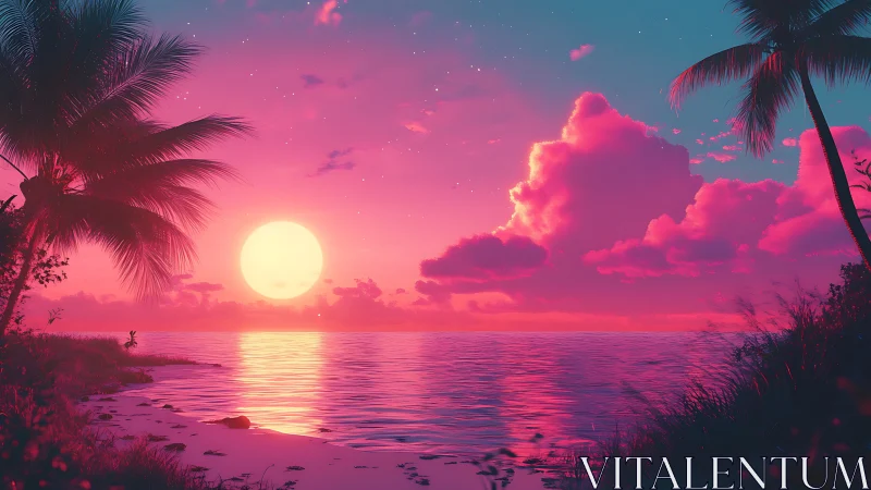 Neon sunset illuminates tranquil tropical shoreline in pink glow.