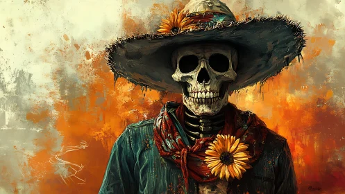Skeleton cowboy portrait merges florals with expressive brushwork