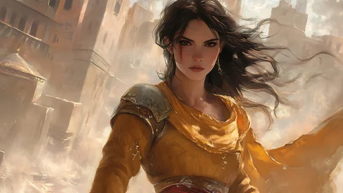Warrior woman in golden cloak amid crumbling citadel.