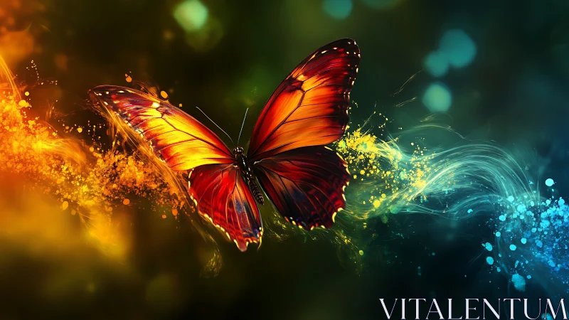 Bioluminescent orange butterfly in dual chromatic energy trails