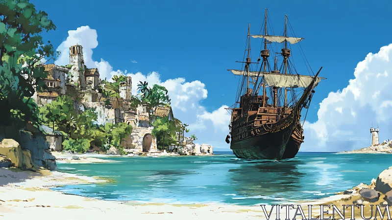 Coastal fortress ruins with sailing vessel in turquoise waters.