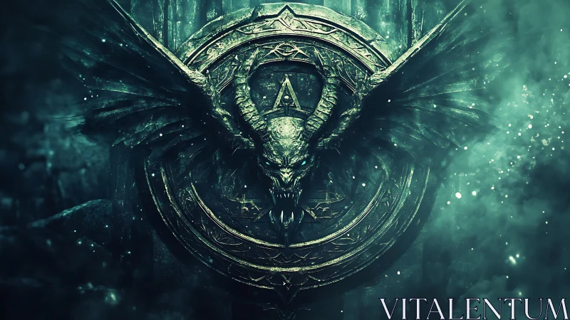 Winged demonic crest with corroded metallic relief and radial halo